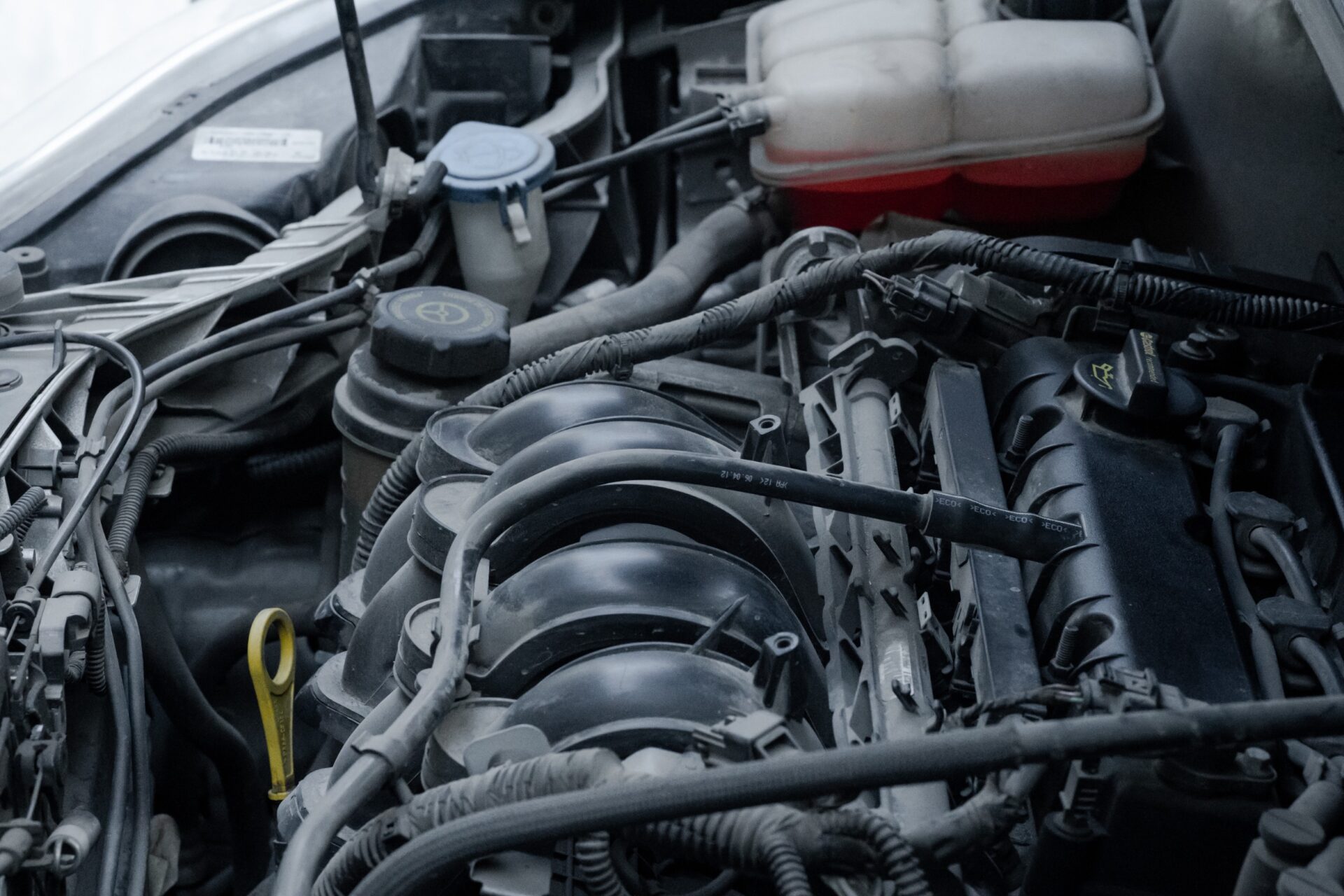 Motor of an auto car with an open hood lid