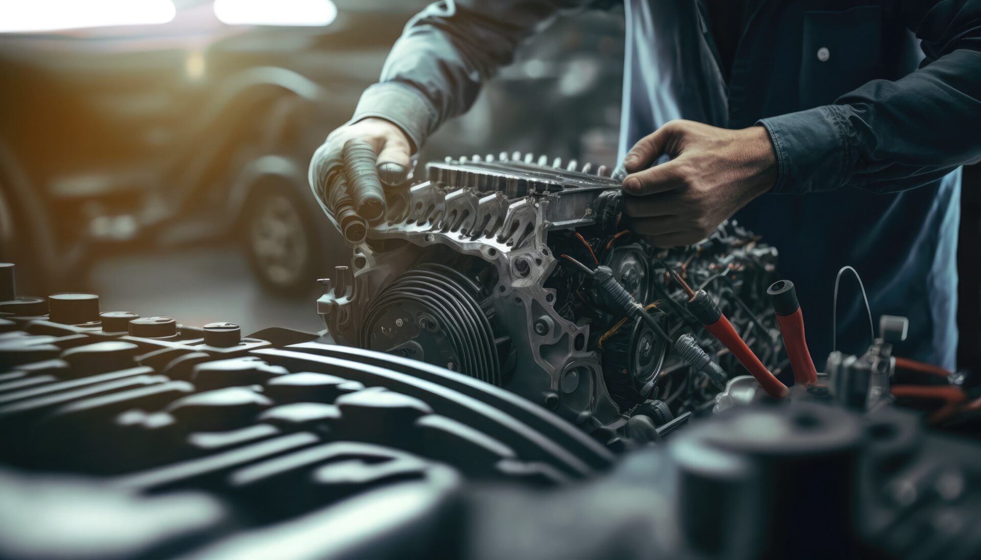 Car mechanic checking oil level in a mechanical workshop